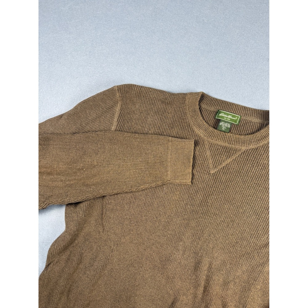 Eddie Bauer Mens XL Tall Brown Ribbed Knit Cotton Crewneck Sweater Pullover - Picture 1 of 5